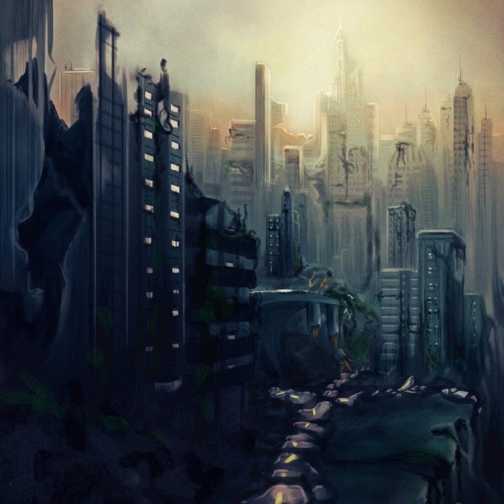 a post-apocalyptic cityscape illustrated with warm light and cool shadows