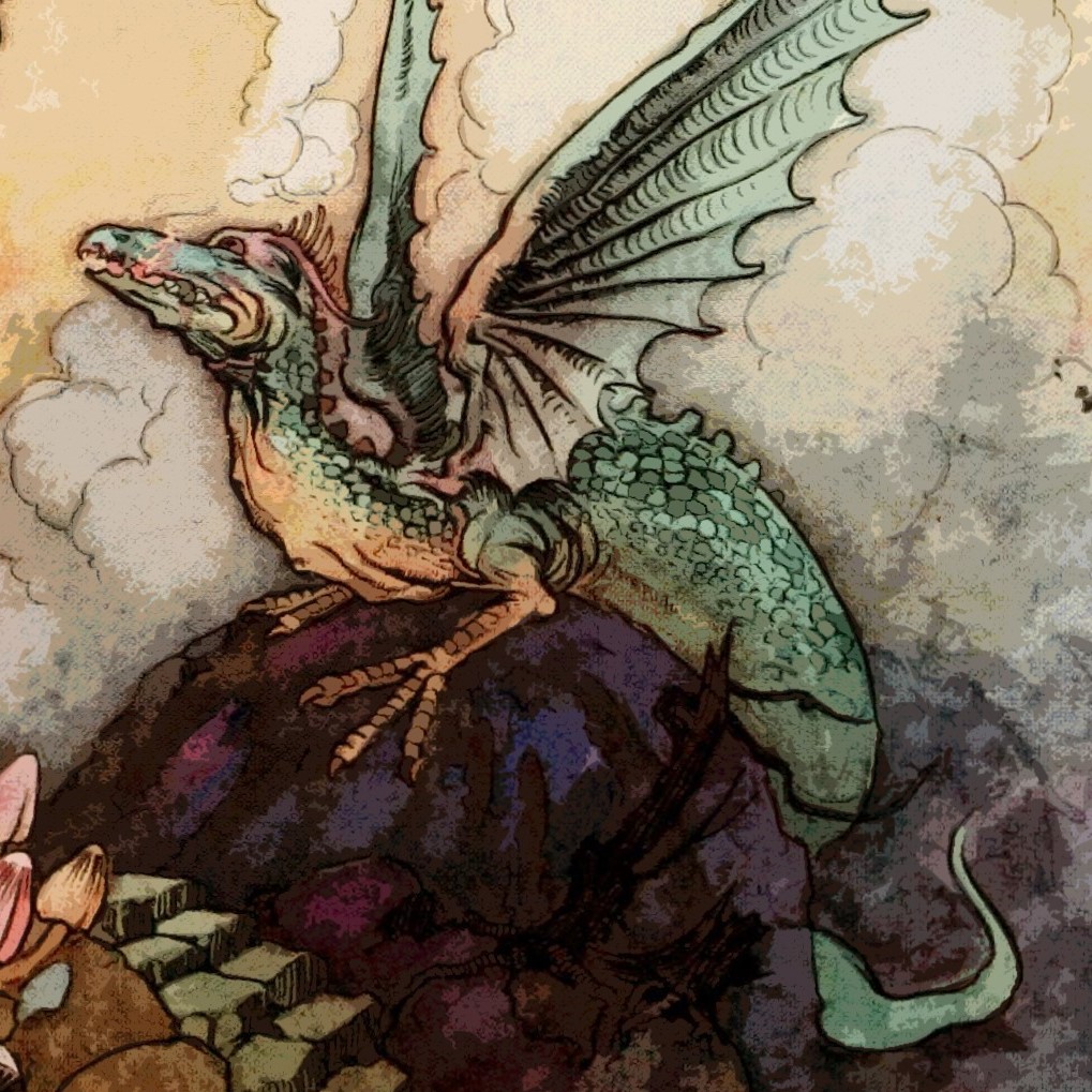 a fairy-tale-style illustration of a green dragon.