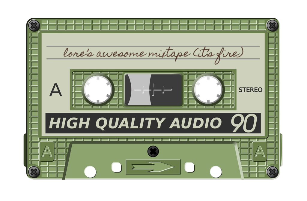 an illustration of a cassette tape on which the words have been written "lore's awesome mixtape (it's fire)"